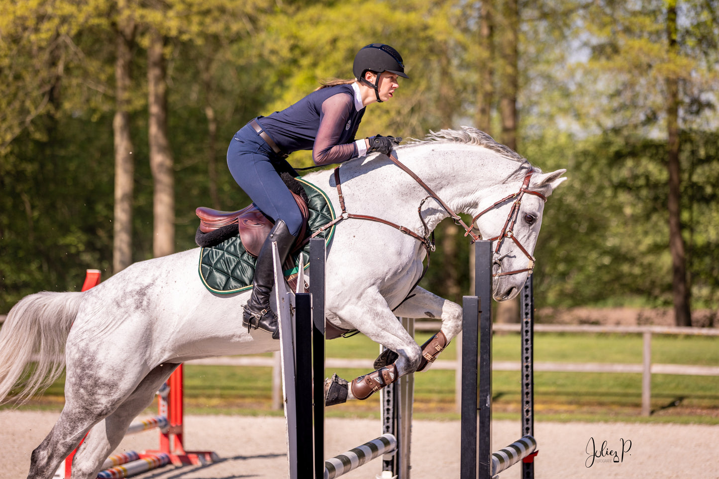 Paardrijder in FIR GREEN outfit springt met een grijs paard over een hindernis in een open terrein