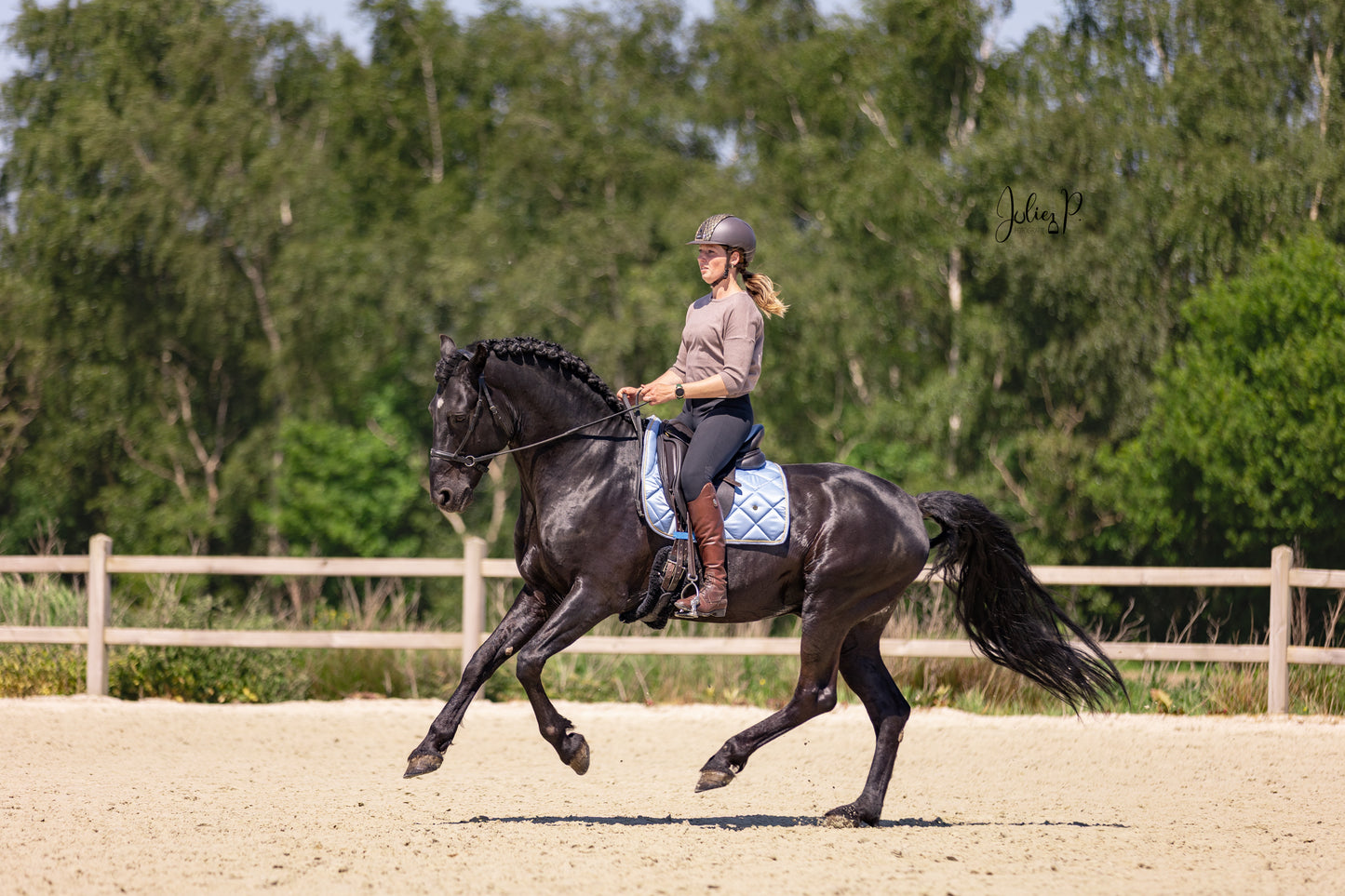 Ruiter op een zwart paard in een rijbaan met een pastellblauwe zadeldeken voor een elegante uitstraling PASTEL BLUE