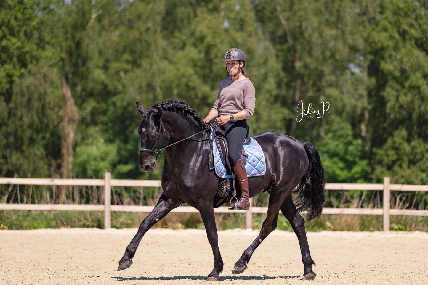 Ruiter op een zwart paard met een pastel blauwe zadeldek op een binnenrijbaan PASTEL BLUE