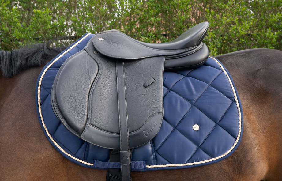 Zwart zadeldek op bruine paard met quilted ontwerp in SPACE BLUE van THE HORSEBOX