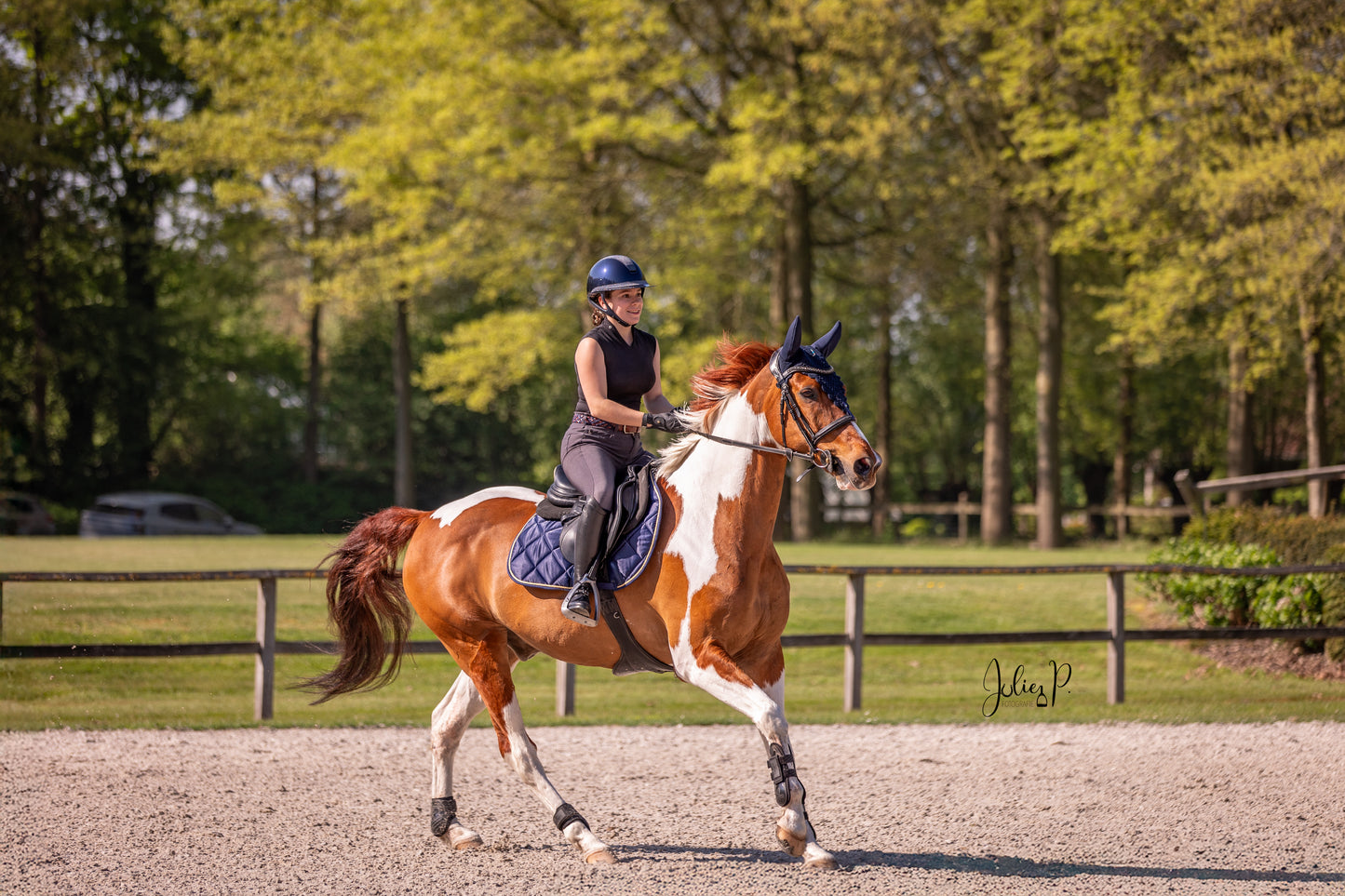 Ruiter in een ruimteblauwe outfit rijdt een paard op een rijbaan in een bosrijke omgeving