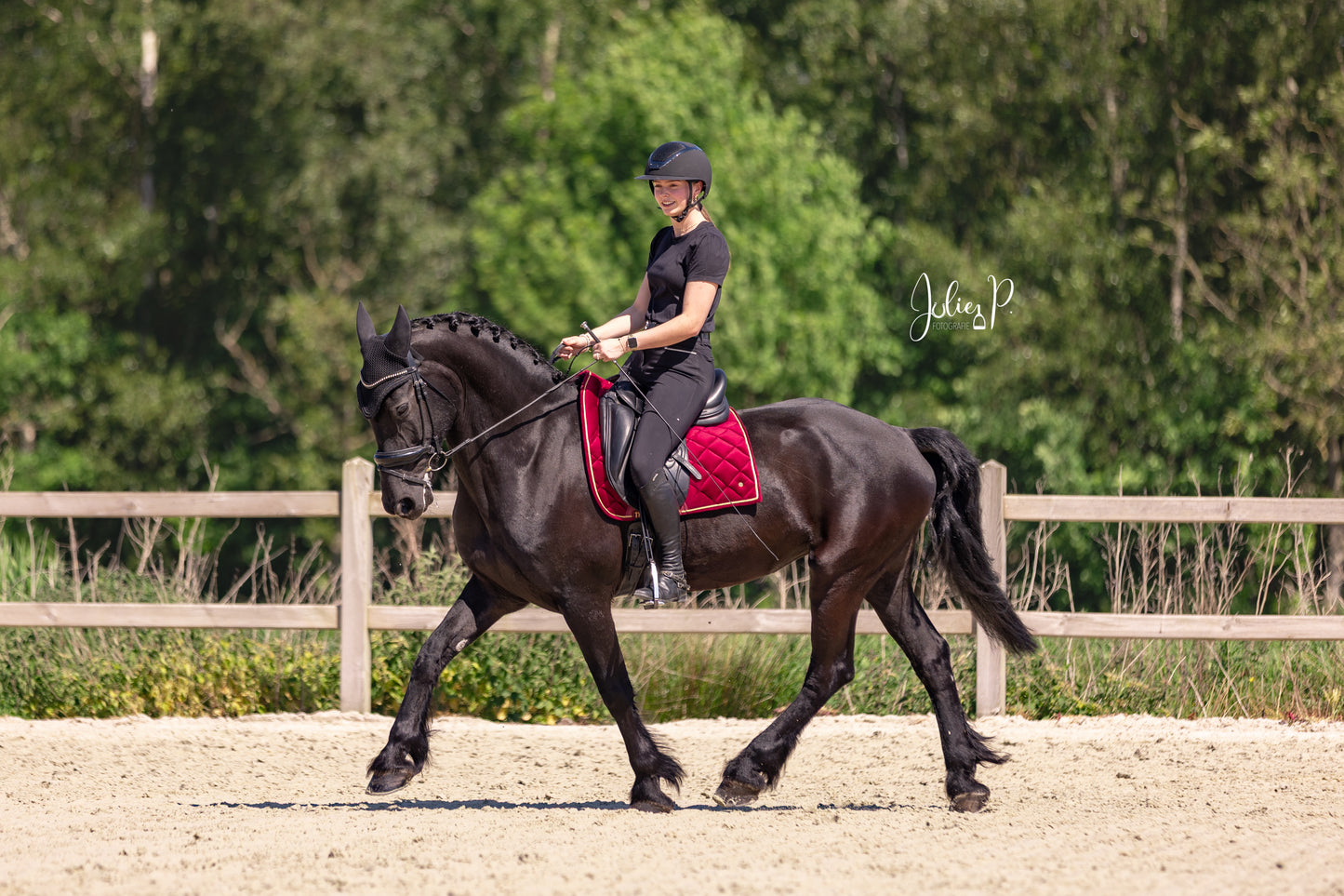 Zwart paard met ruiter die een Bordeaux Velvet zadeldekje draagt tijdens het rijden in de natuur