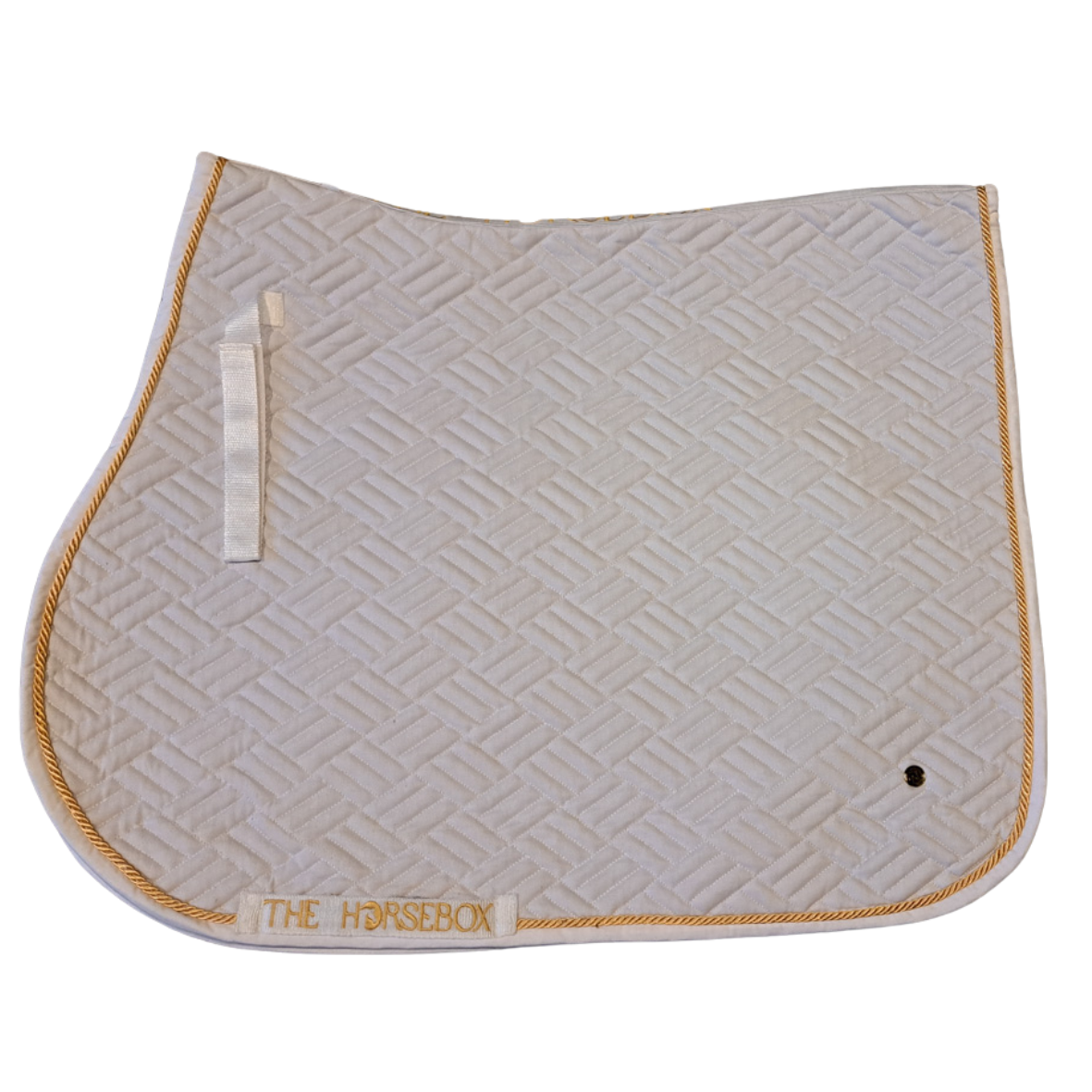 Zadeldekje van THE HORSEBOX in wit met gouden accenten, perfect voor elegante paardenoutfits, WHITE GOLD SAMPLE