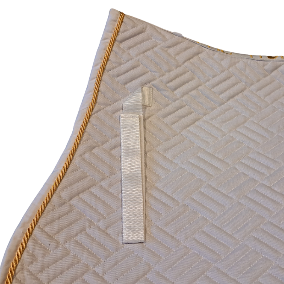 Wit gouden sample zadeldekje met een elegante afwerking en handige bevestigingsriemen