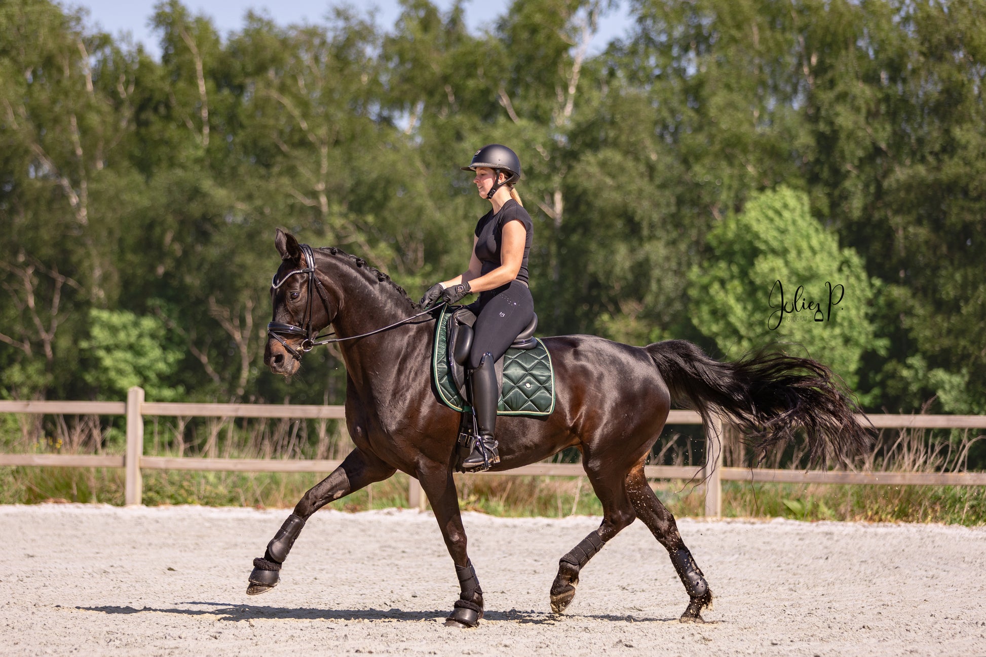 Ruiter in zwarte outfit op een paard met een FIR GREEN zadelpad in een rijbaan
