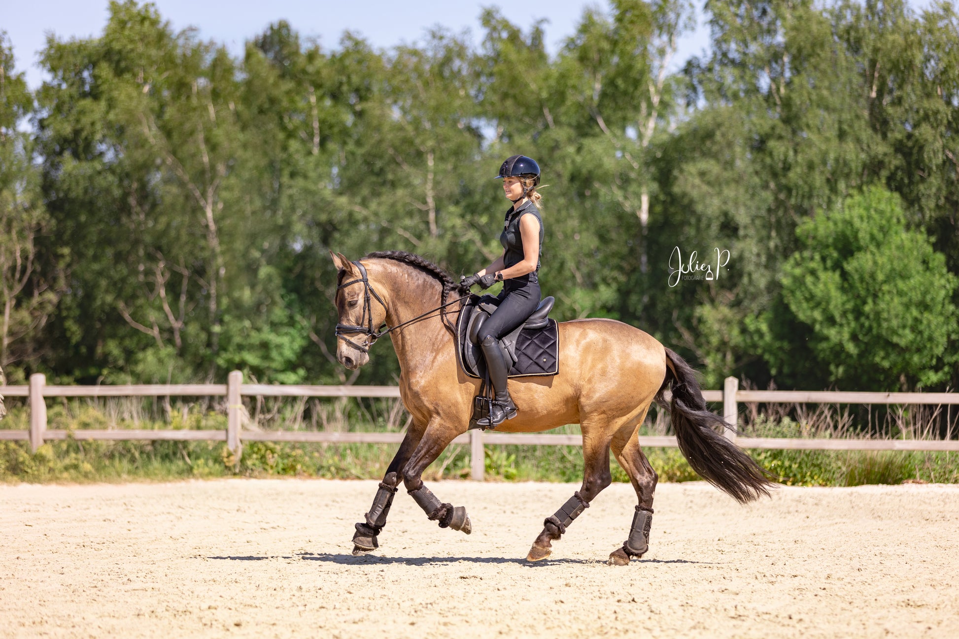 Ruiter in zwarte outfit met BLACK VELVET zadeldekje op een paard tijdens de training in de buitenmanege