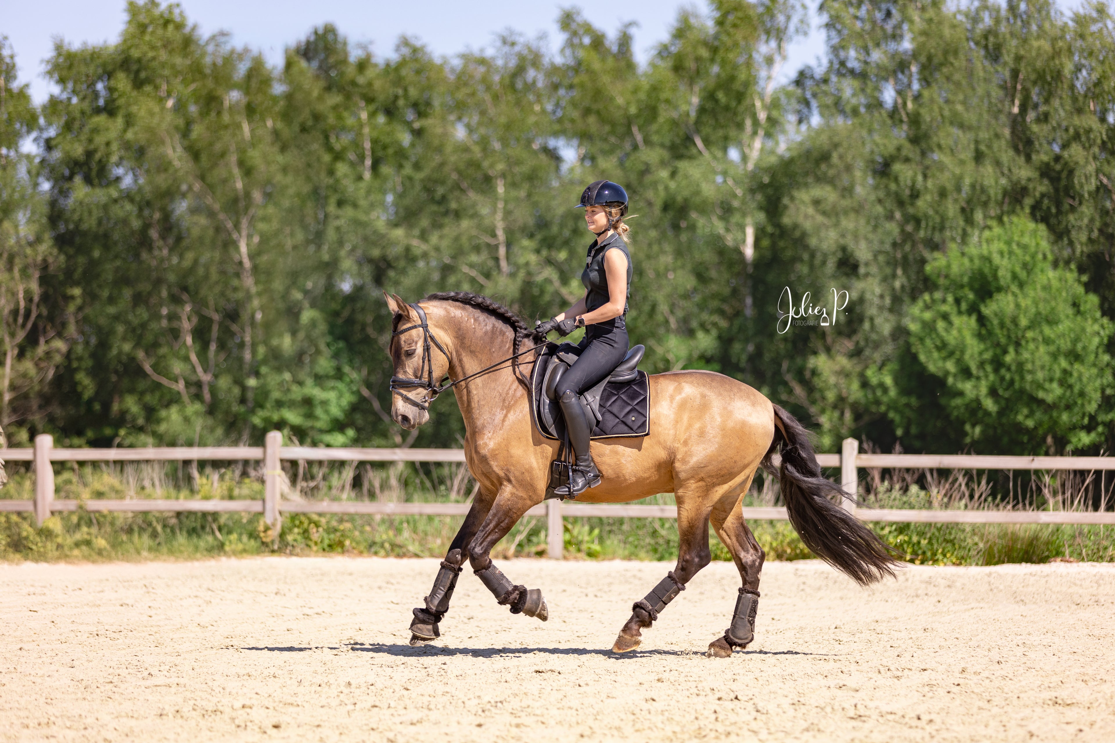 Ruiter in zwarte outfit met BLACK VELVET zadeldekje op een paard tijdens de training in de buitenmanege