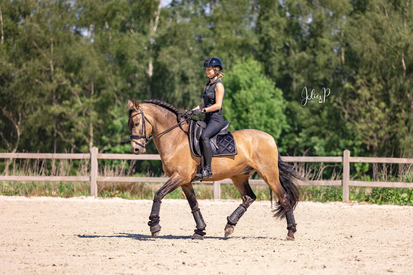 Paard met ruiter in het zwart, met een zwart fluwelen zadeldekje voor optimale comfort