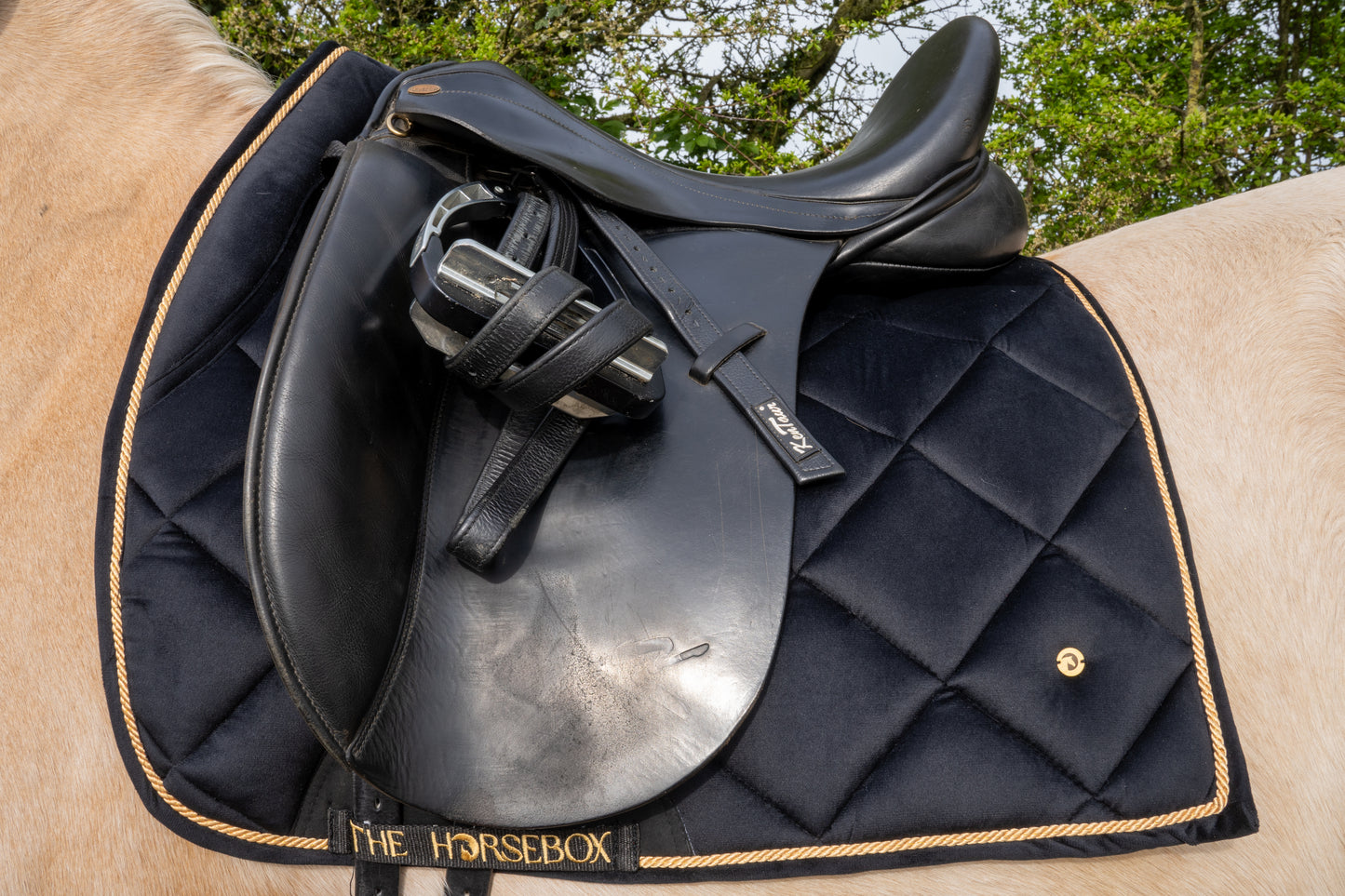 Zwart fluwelen zadeldekje van THE HORSEBOX met een zadel erop, perfect voor ruiters